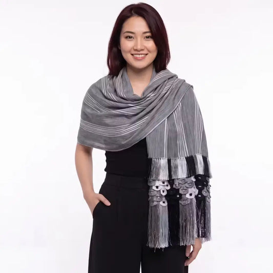 Gray black stripe Purepecha Rebozo with flowers