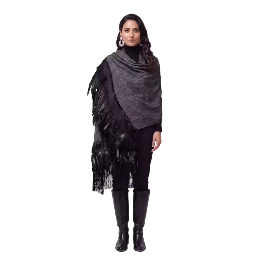 Gray Purepecha Rebozo with fringe and feathers