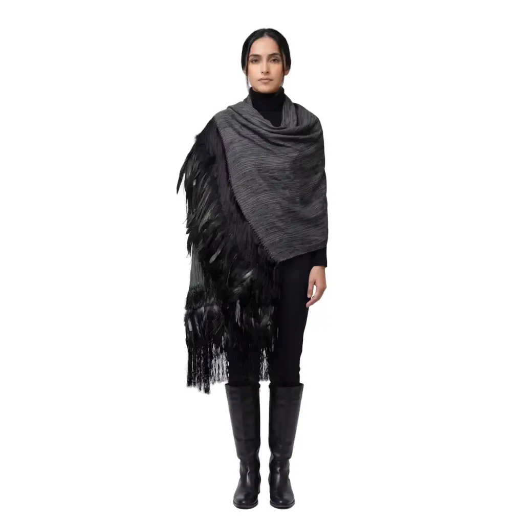Gray Purepecha Rebozo with fringe and feathers