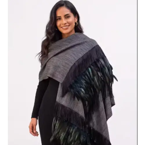 Gray Purepecha Rebozo with fringe and feathers