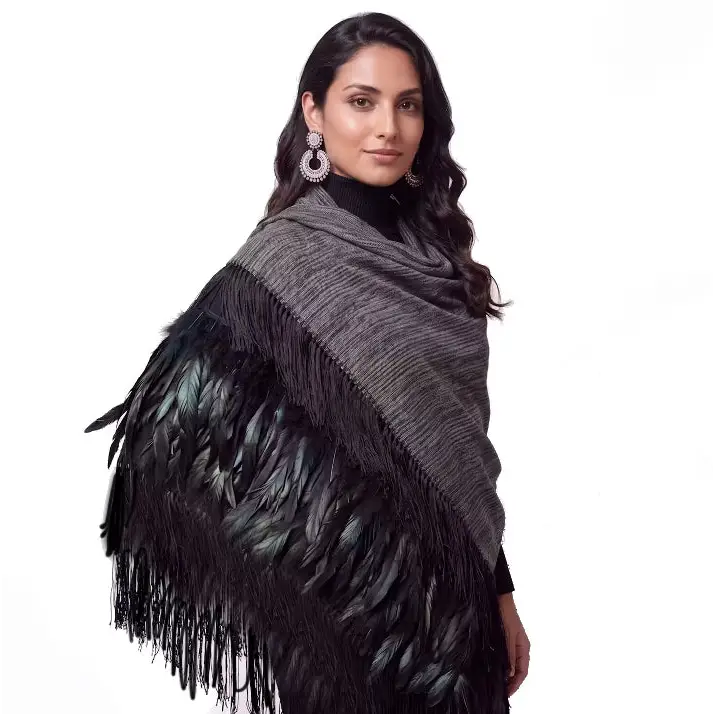 Gray Purepecha Rebozo with fringe and feathers