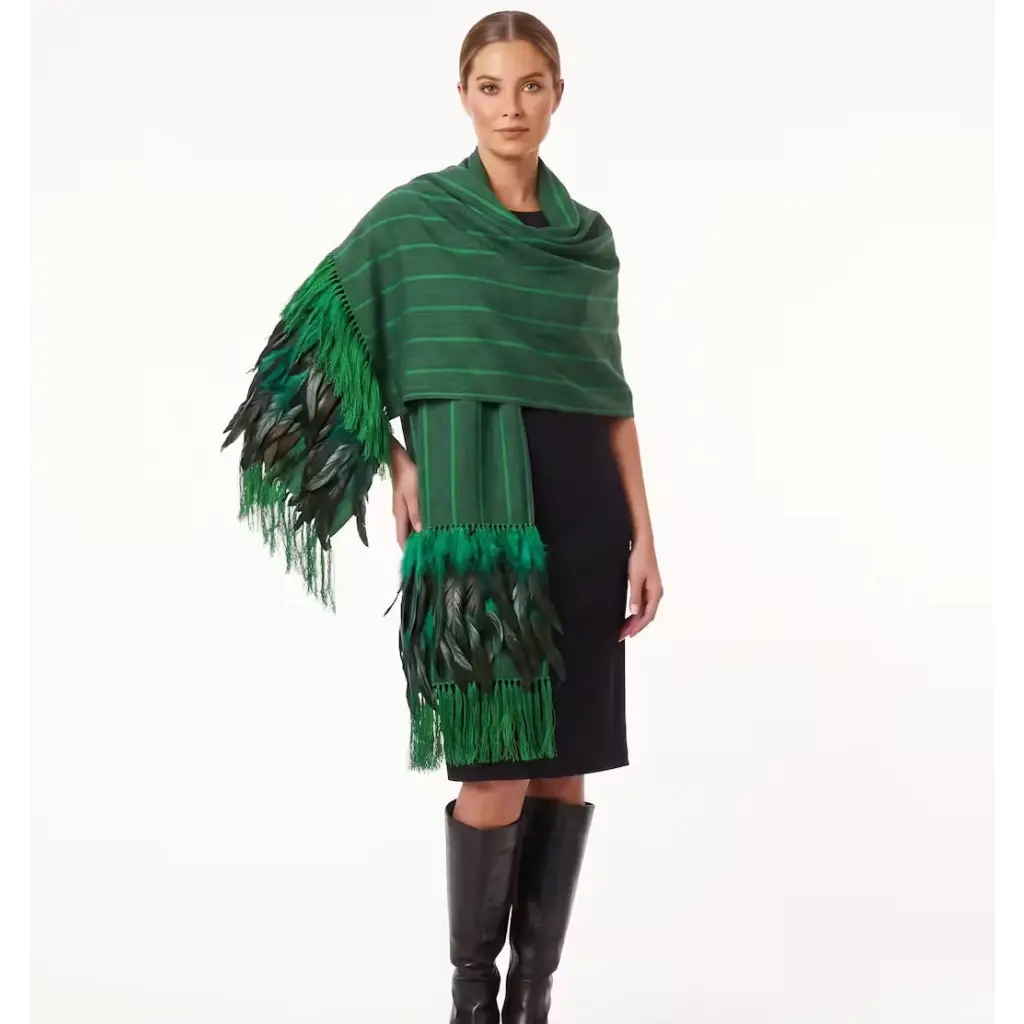 Green tonal stripe Purepecha Rebozo with fringe