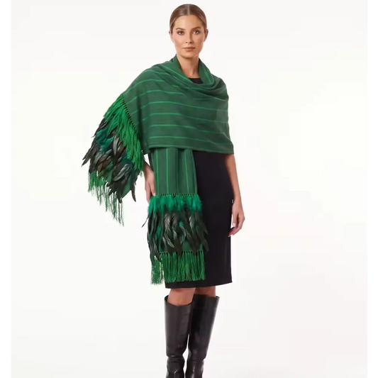 Green tonal stripe Purepecha Rebozo with fringe