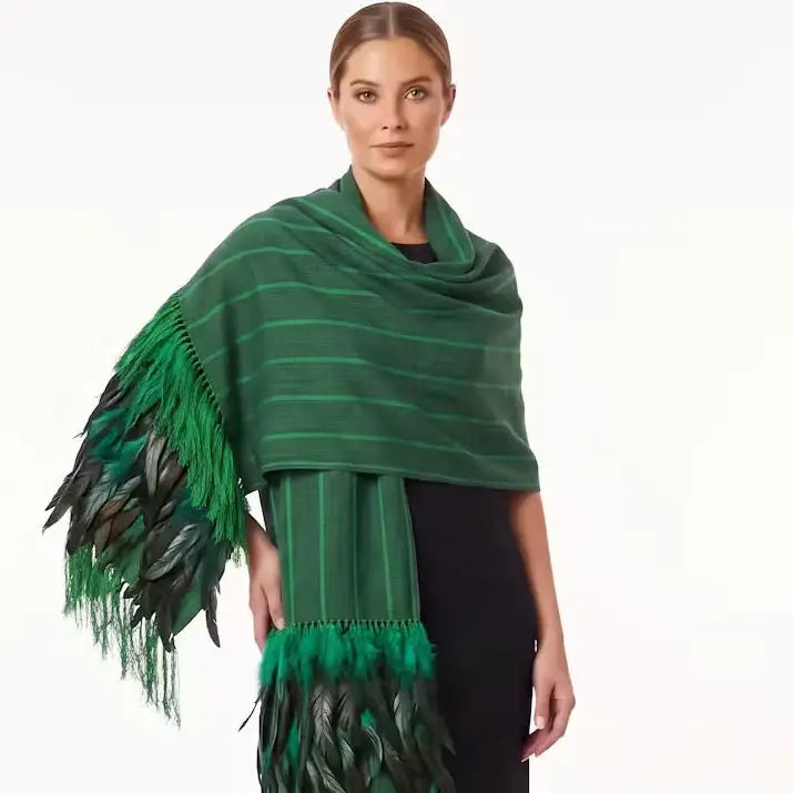 Green tonal stripe Purepecha Rebozo with fringe