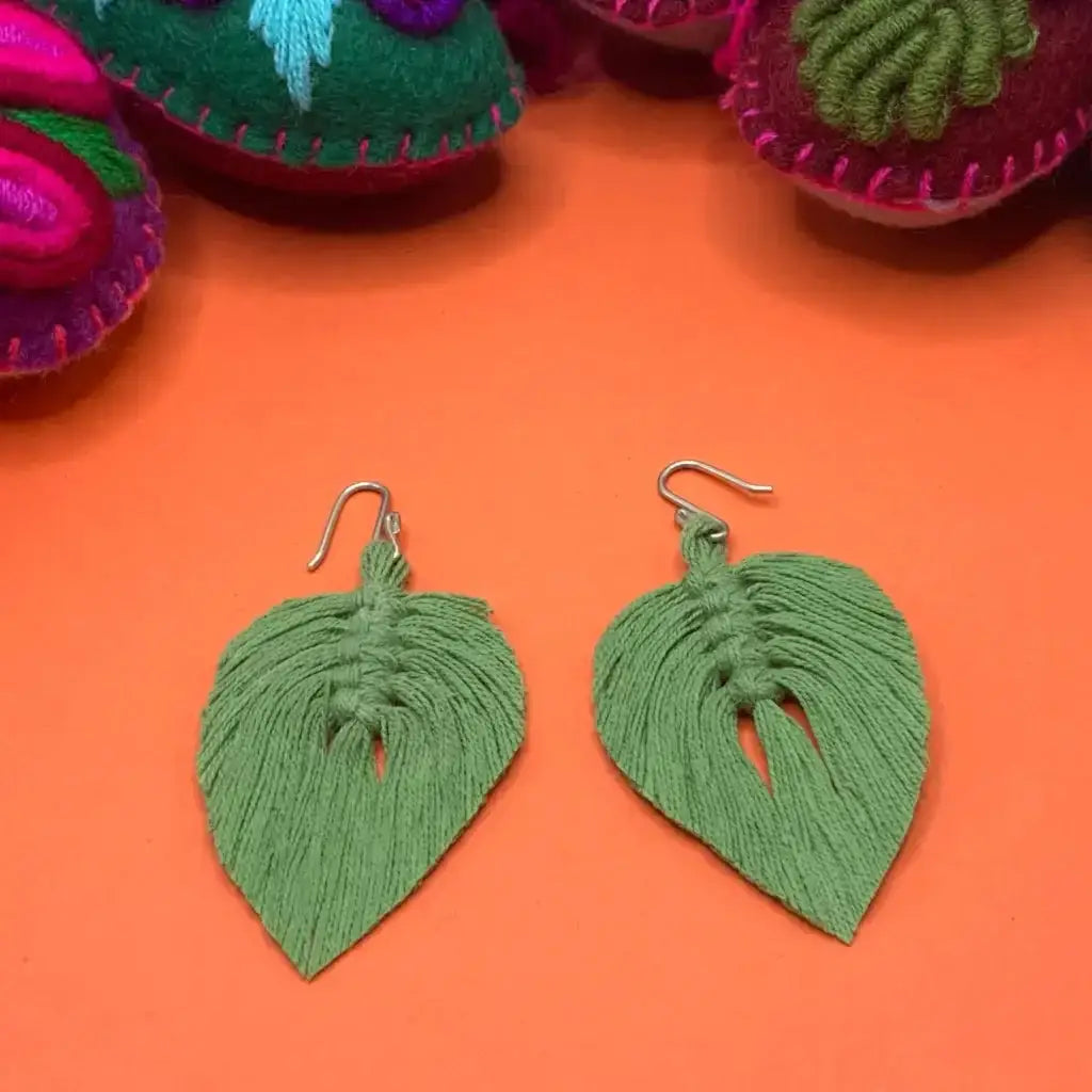 Green Vegetable dyed cotton-straw earrings hand woven