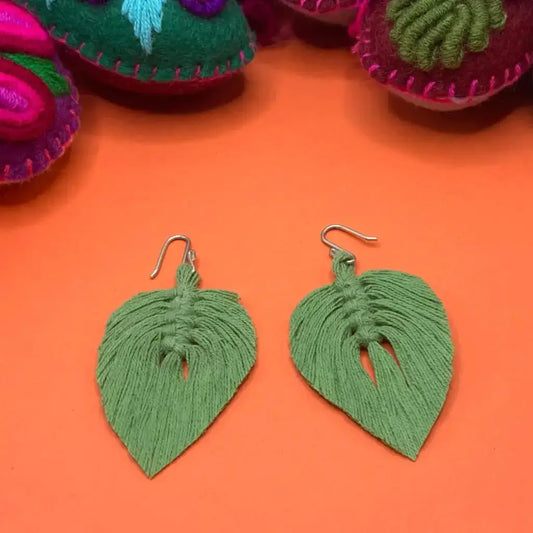 Green Vegetable dyed cotton - straw earrings hand woven