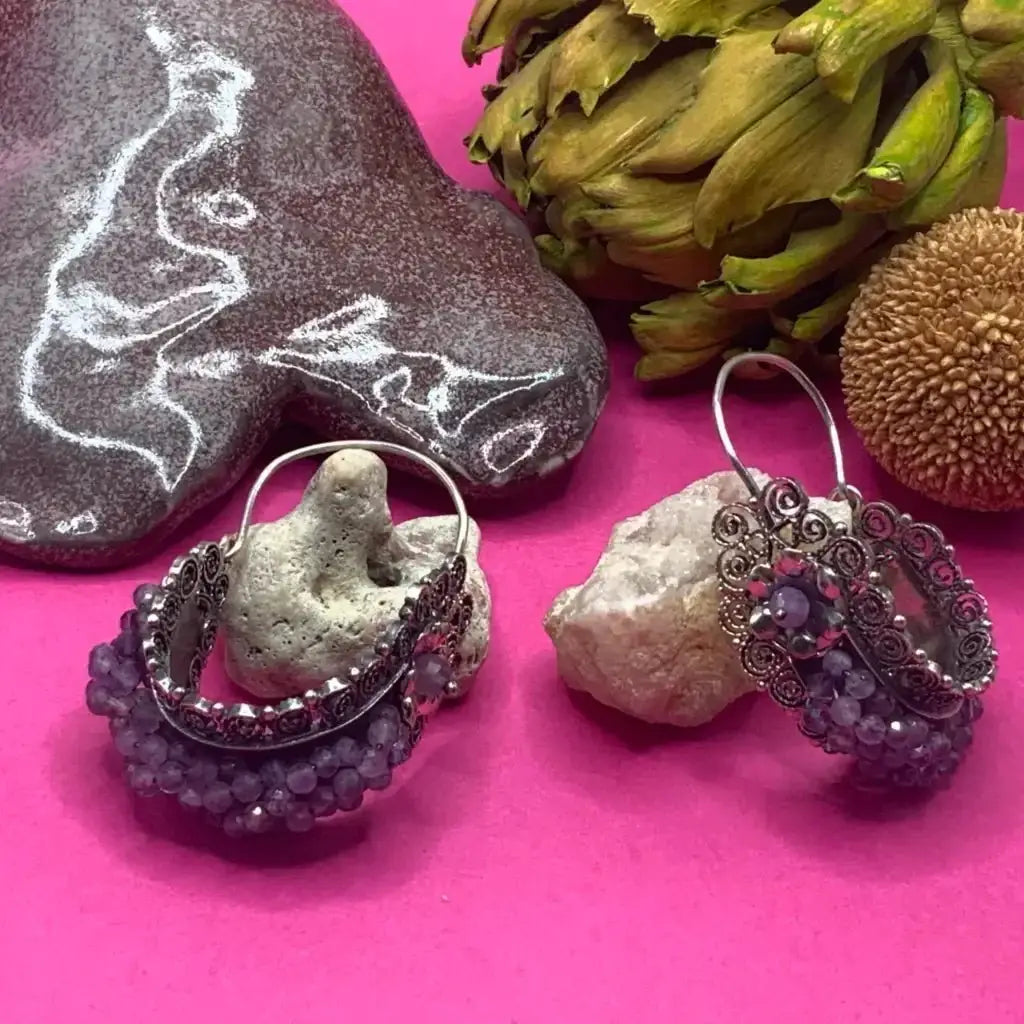 Gusano Oaxaca hoop silver filigree earrings with light