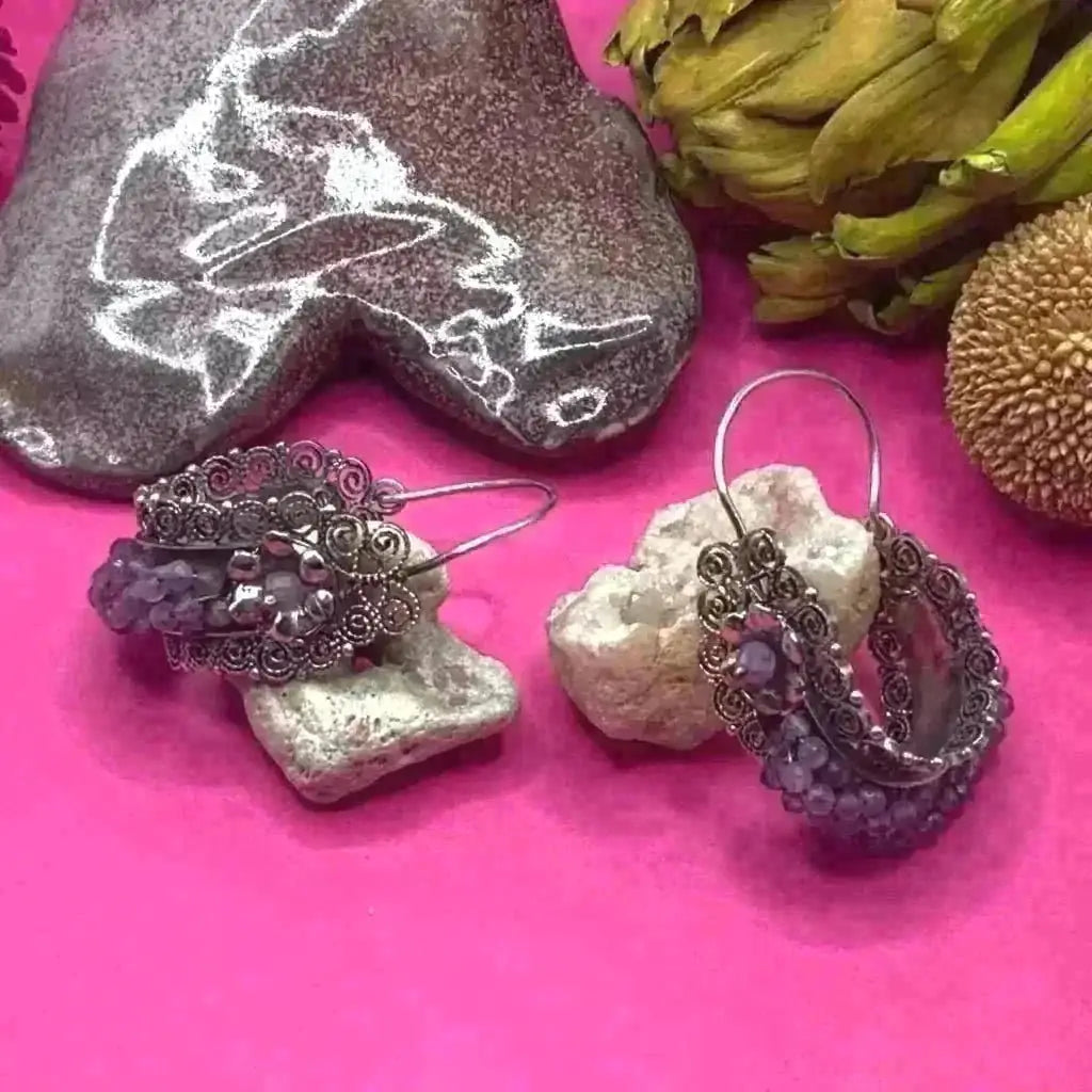 Gusano Oaxaca hoop silver filigree earrings with light