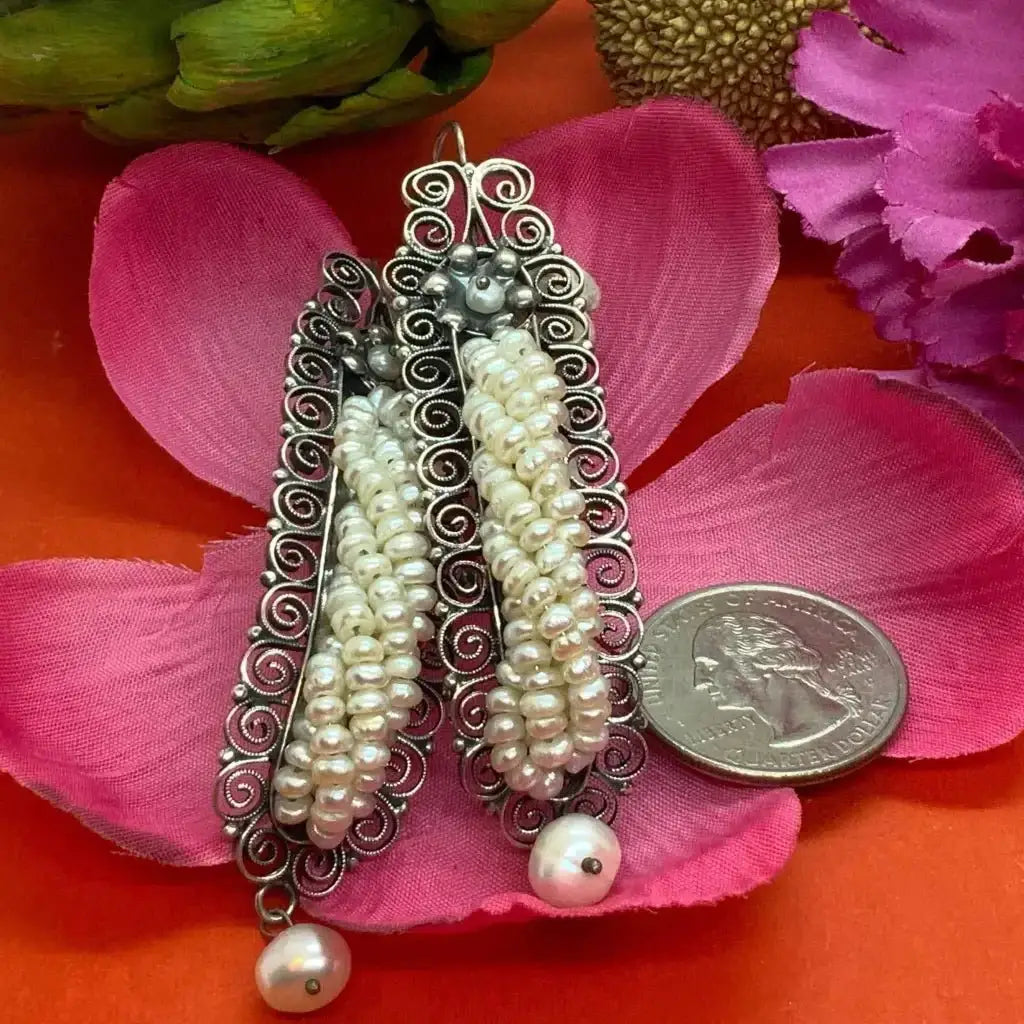 Gusano Oaxacan pearl silver filigree earrings