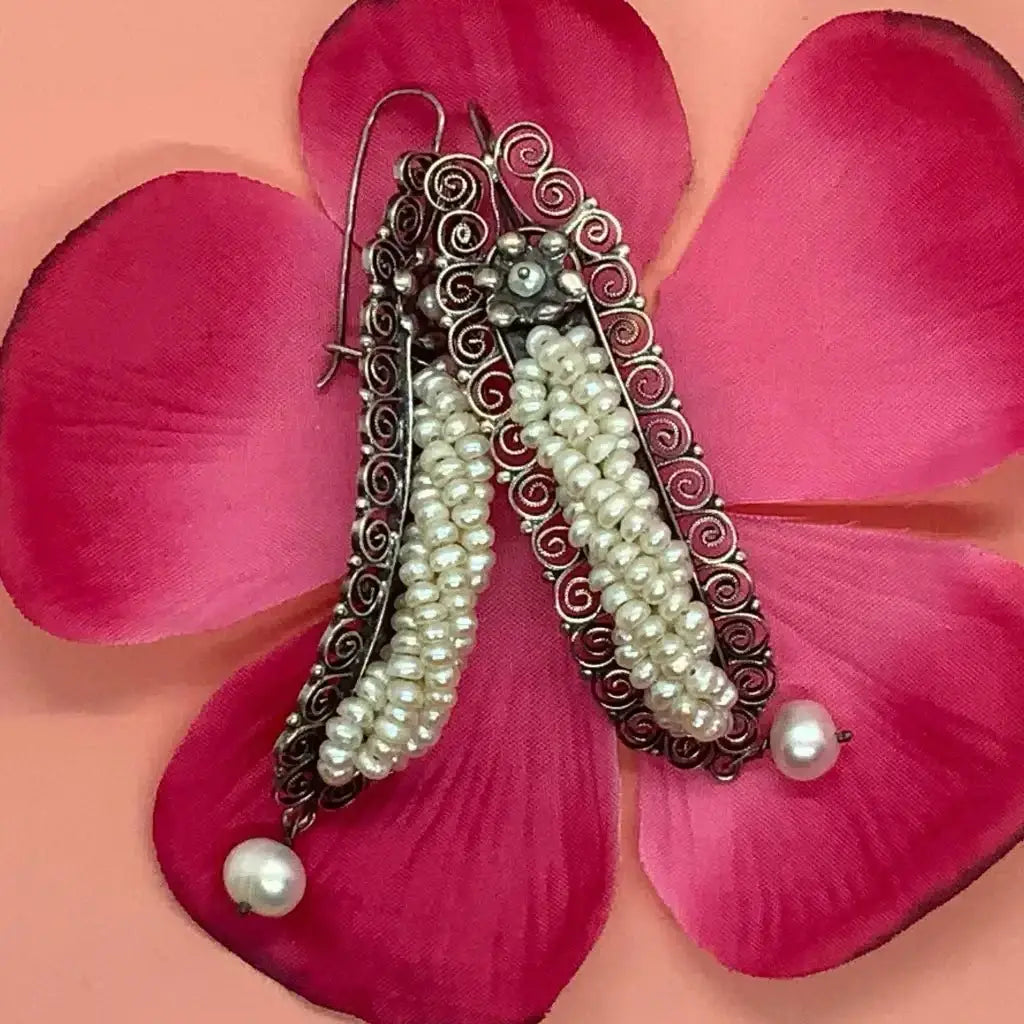 Gusano Oaxacan pearl silver filigree earrings