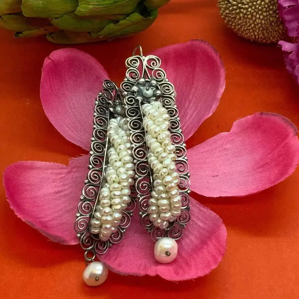 Gusano Oaxacan pearl silver filigree earrings