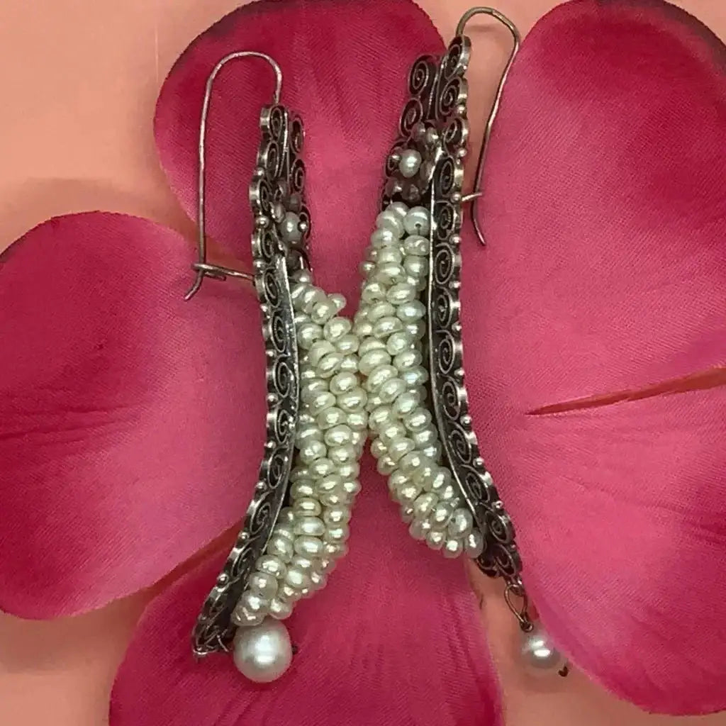 Gusano Oaxacan pearl silver filigree earrings