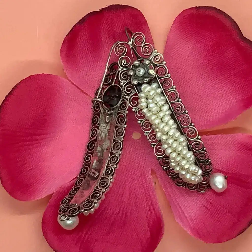 Gusano Oaxacan pearl silver filigree earrings