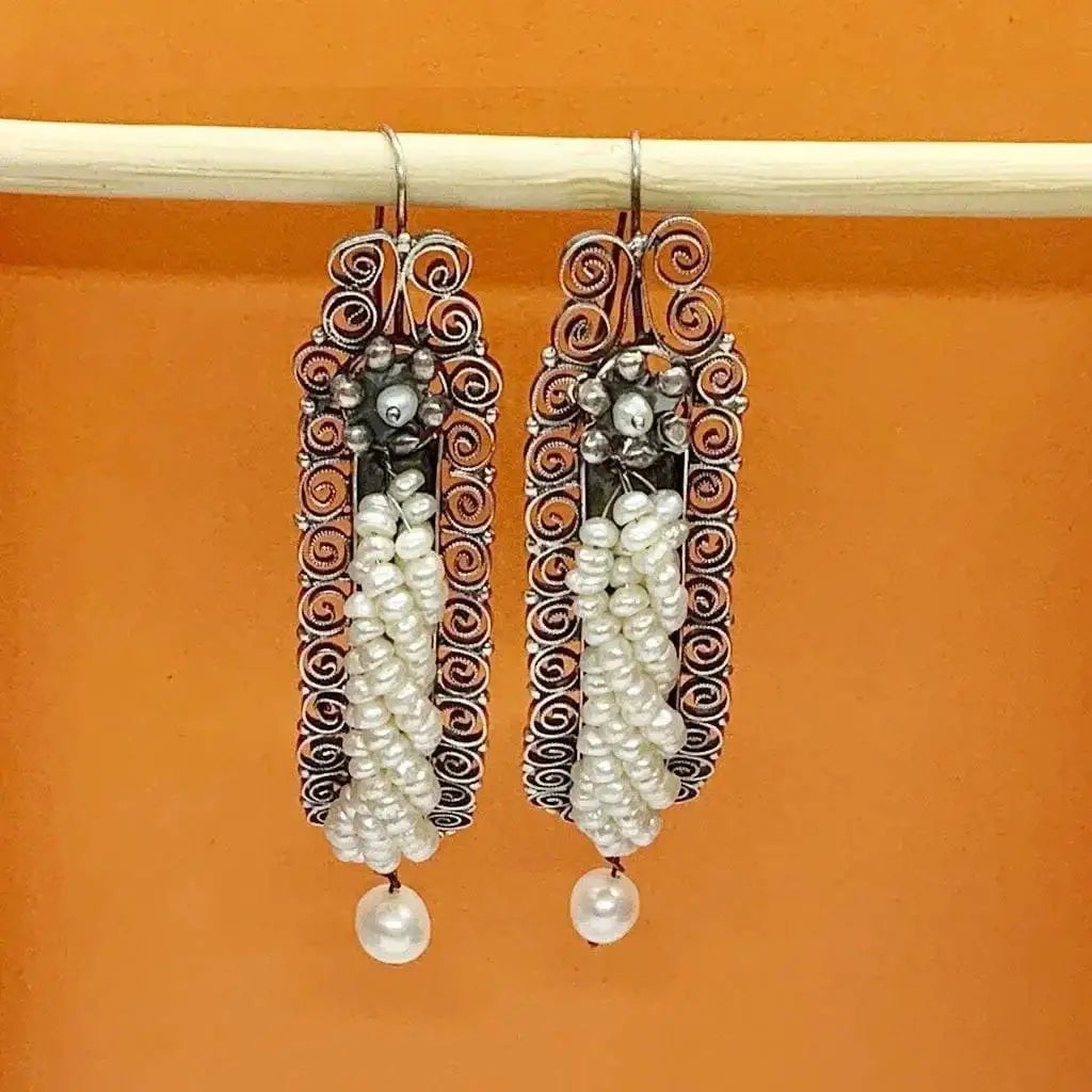 Gusano Oaxacan pearl silver filigree earrings