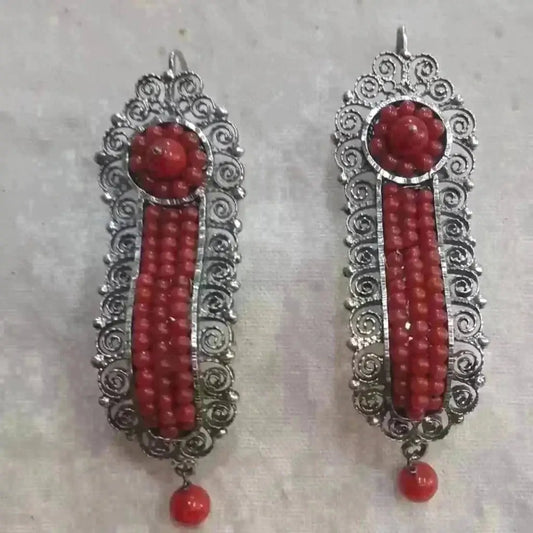 Gusano Oaxacan silver filigree earrings with coral