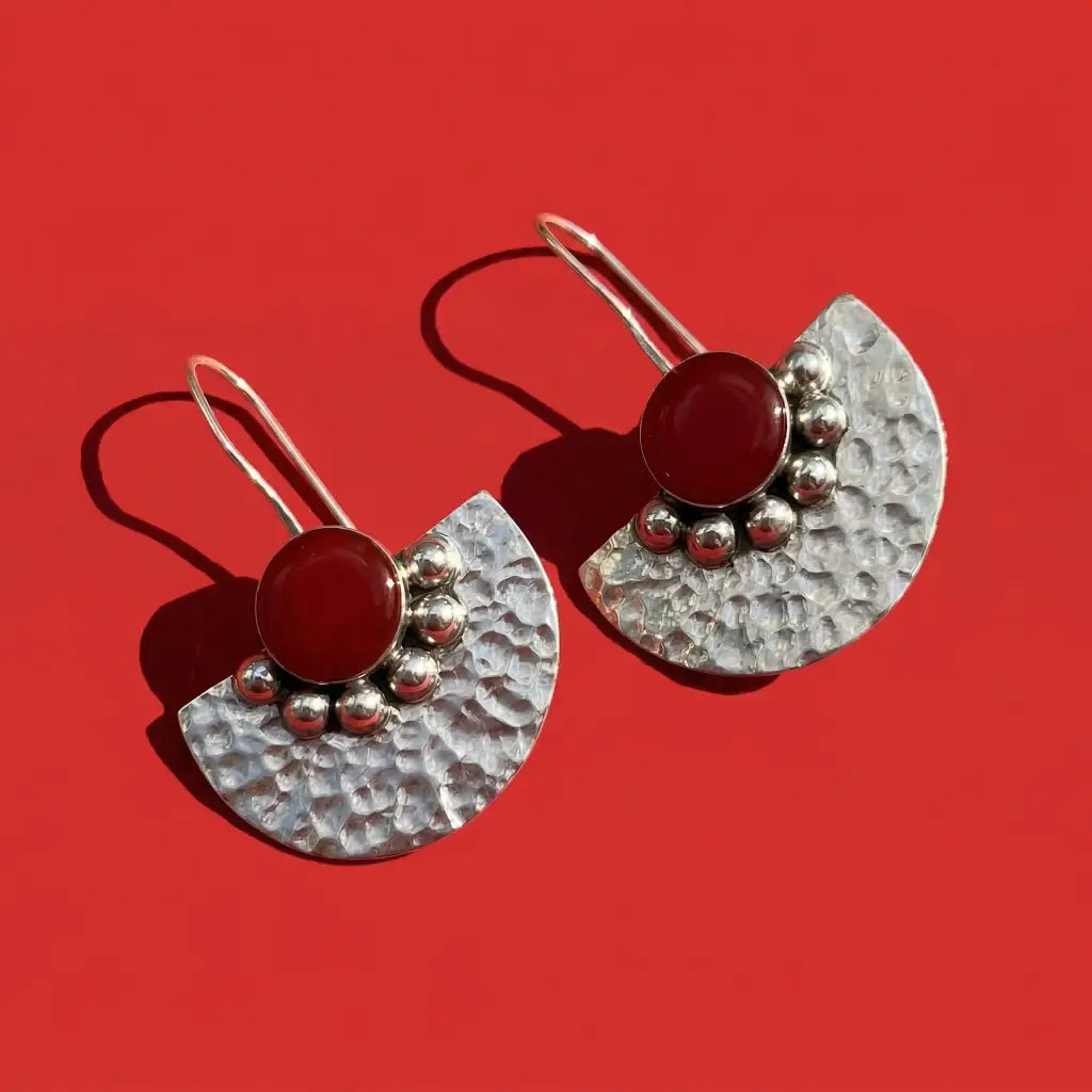 Taxco Sterling Silver Half-Circle Earrings with Red Stone,