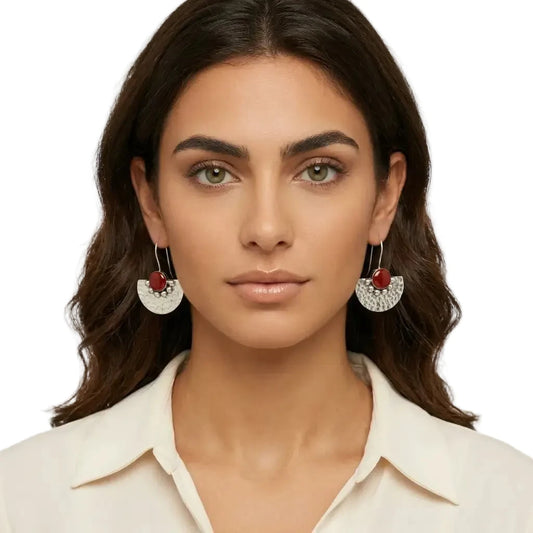 Taxco Sterling Silver Half-Circle Earrings with Red Stone,