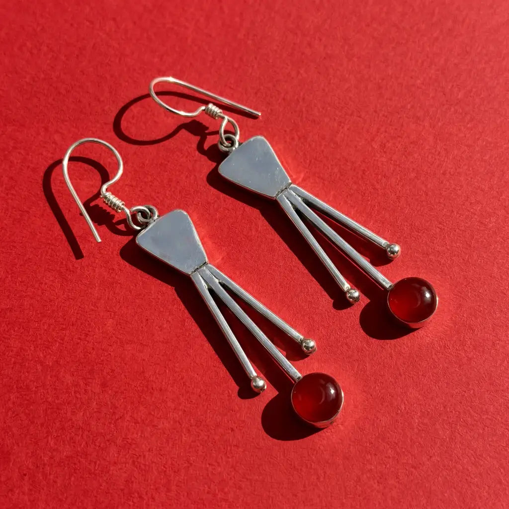 Taxco Sterling Silver Earrings with Red Agate, Handcrafted
