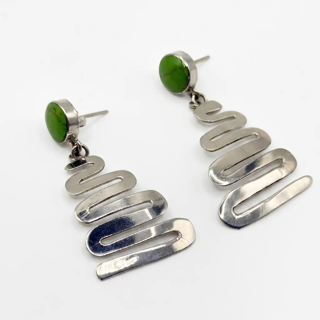 Handmade Taxco Sterling Silver Earrings with green