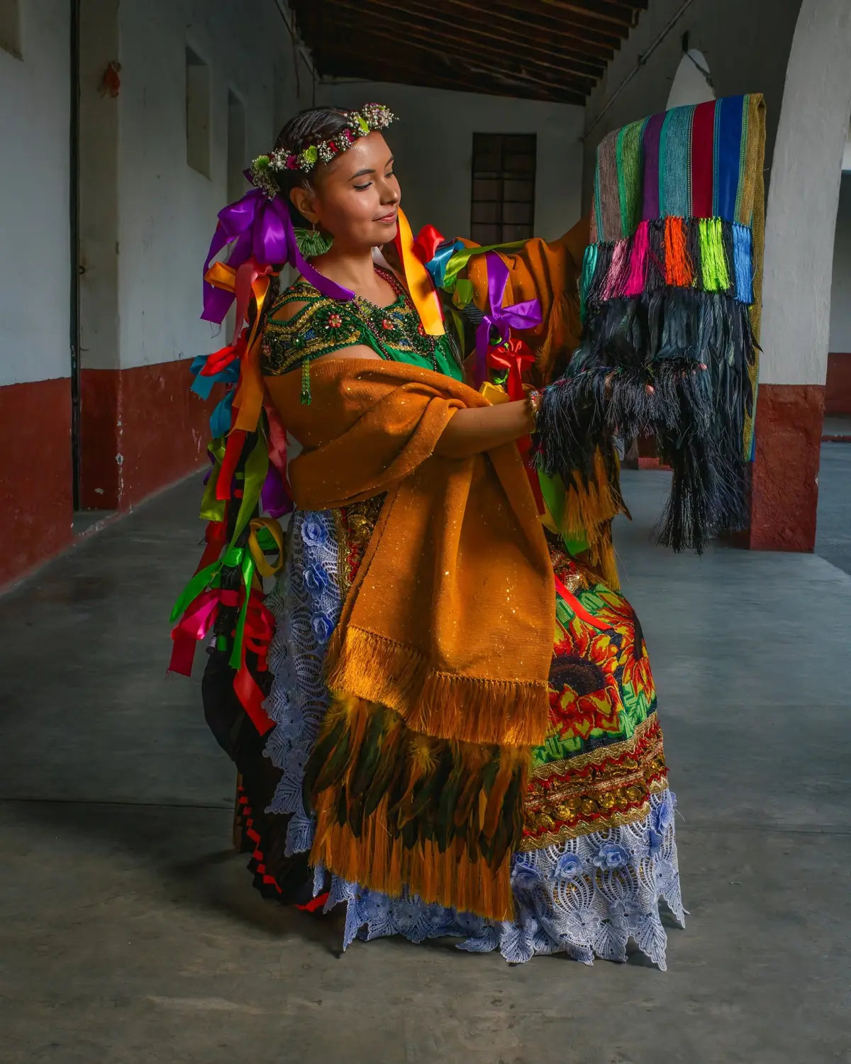 Purepecha rebozo from Michoacán with fringe  and feathers  