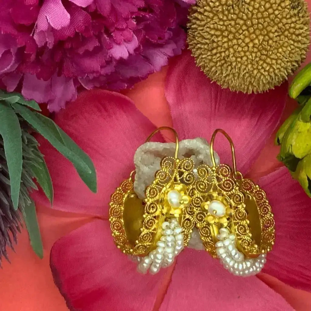 Large gold vermeil Oaxacan Gusano hoop earrings with pearls