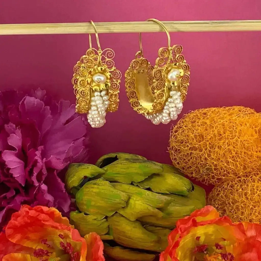 Large gold vermeil Oaxacan Gusano hoop earrings with pearls
