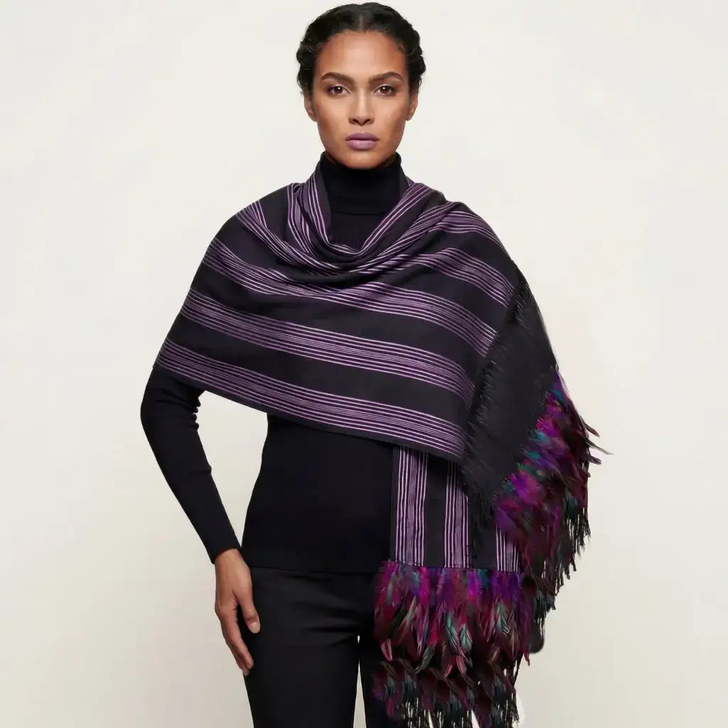 Purepecha rebozo with fringe and feathers purple - Shawl