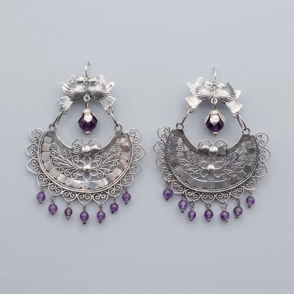 Mazahua Silver Dove Earrings with Amethyst, Handmade
