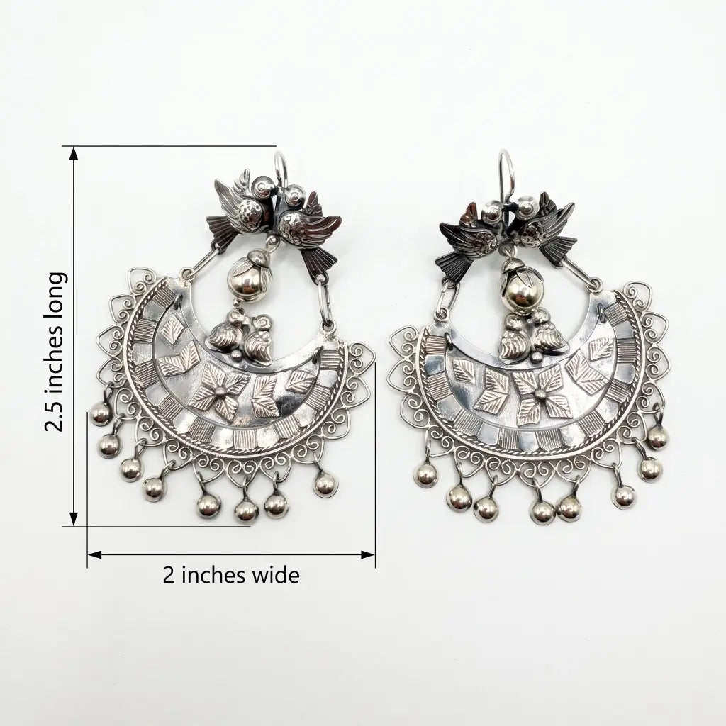 Mazahua Silver Dove Earrings with Balls, Handmade Pure