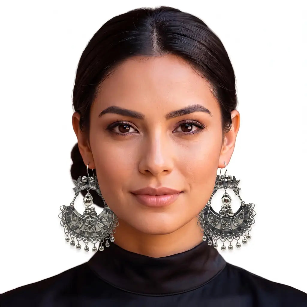 Mazahua Silver Dove Earrings with Balls, Handmade Pure