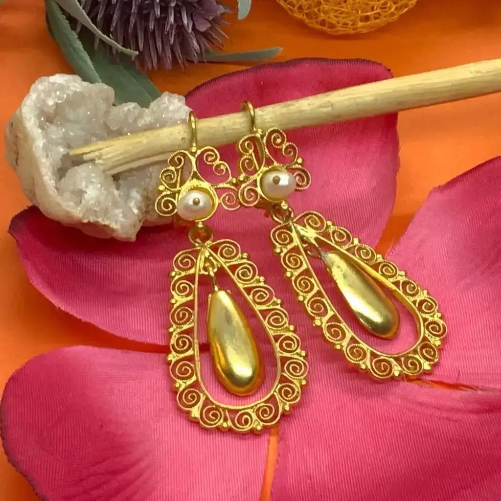 Mexican gold vermeil filigree drop pearl earrings