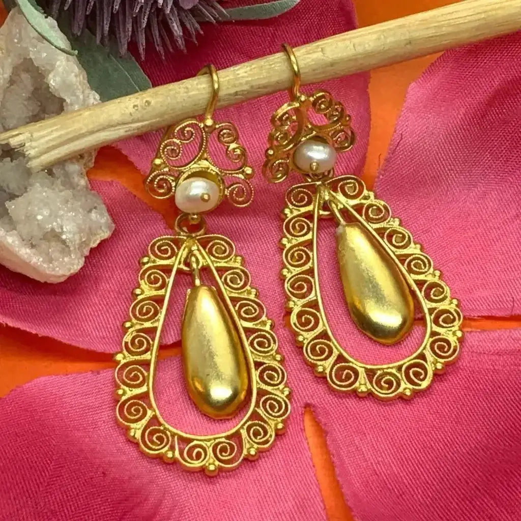 Mexican gold vermeil filigree drop pearl earrings