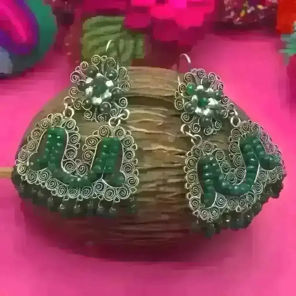 Mexican handmade filigree earrings with green agate