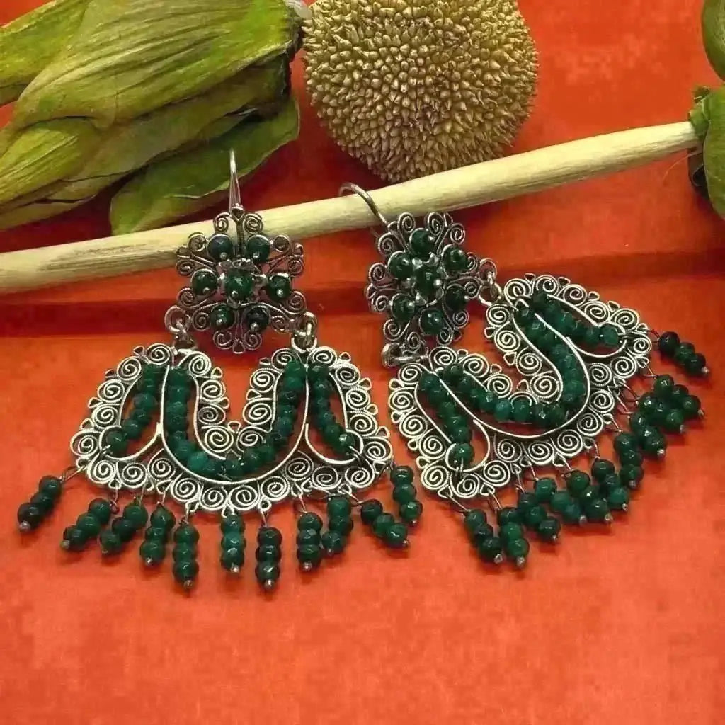 Mexican handmade filigree earrings with green agate