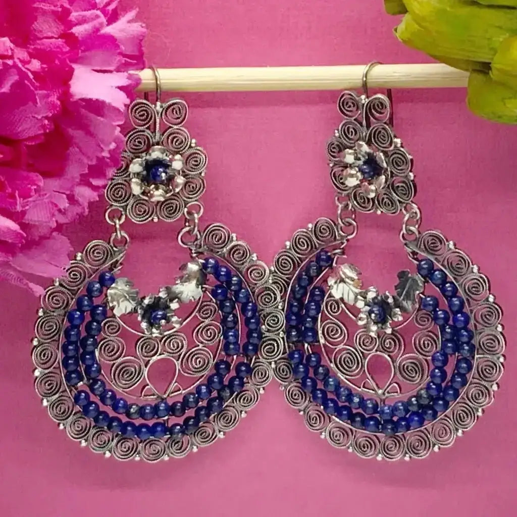 Mexican handmade floral filigree earrings with lapis lazuli