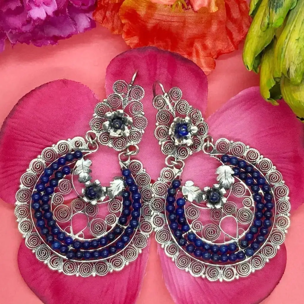 Mexican handmade floral filigree earrings with lapis lazuli