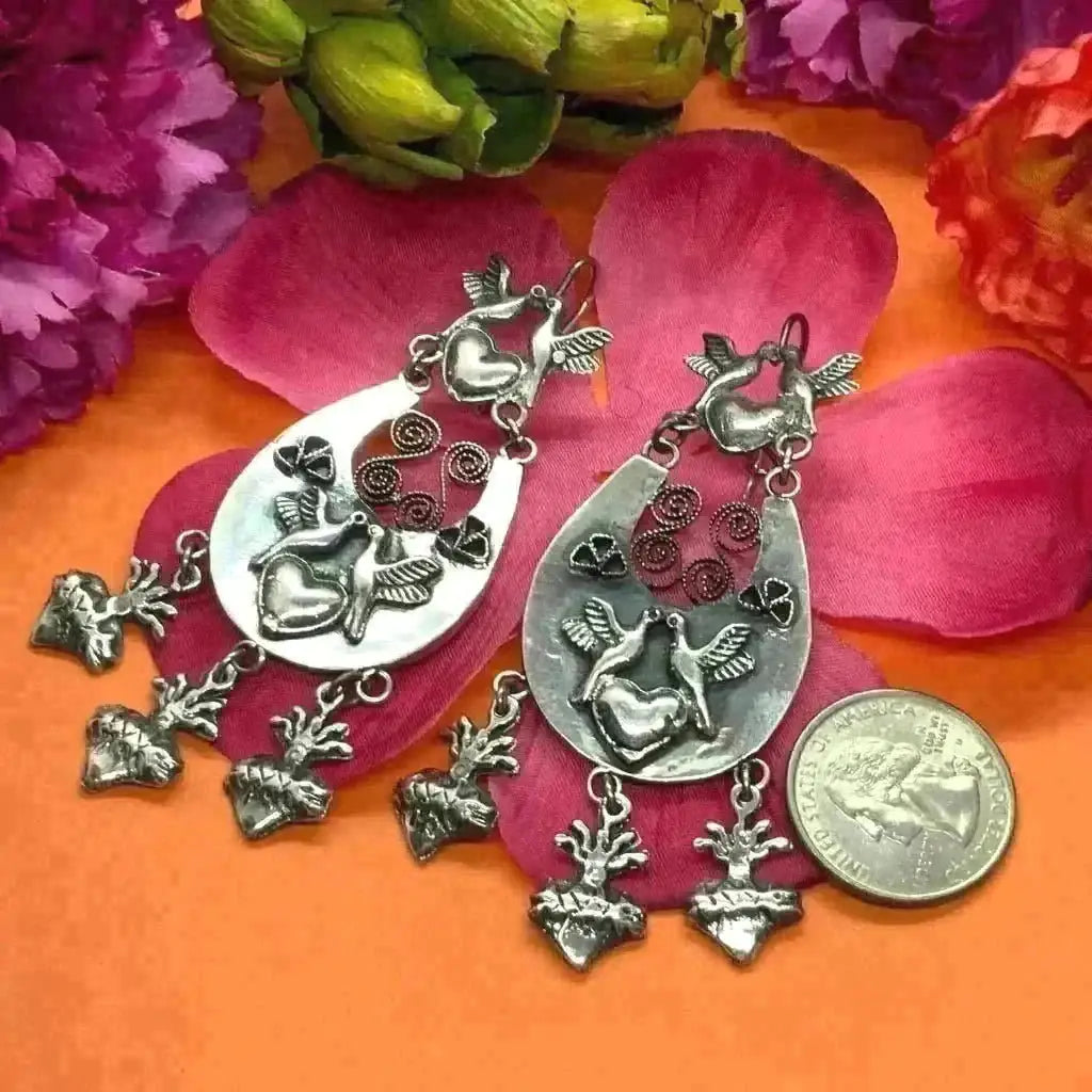 Mexican heart silver filigree earrings with pineapples