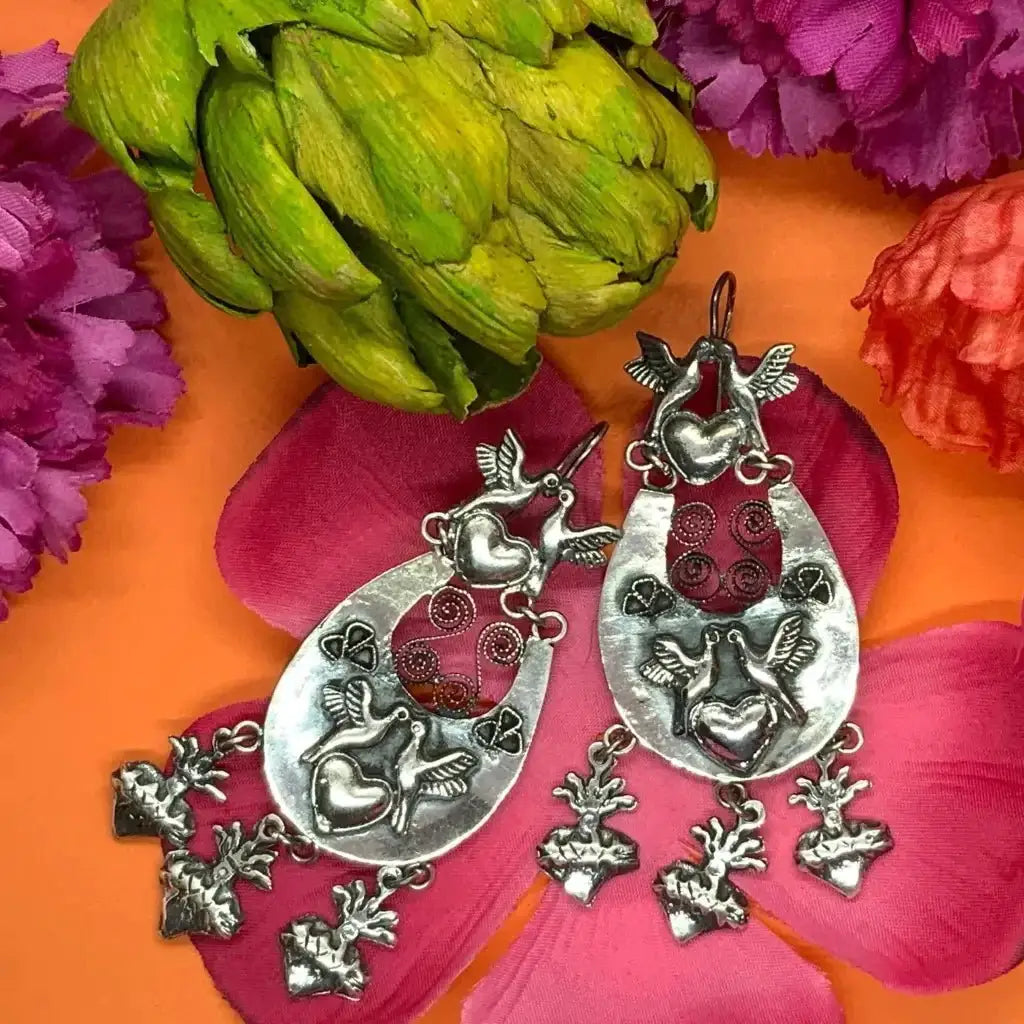 Mexican heart silver filigree earrings with pineapples