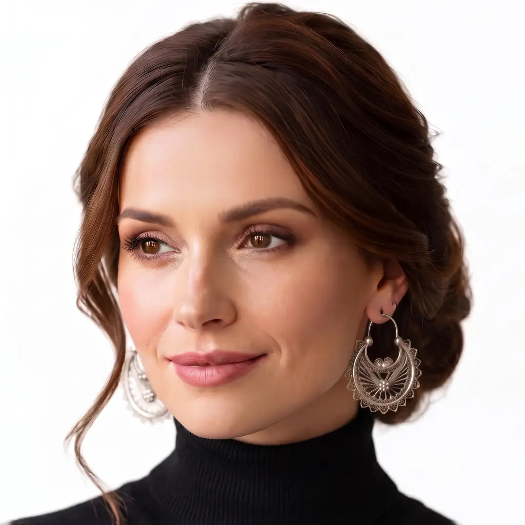 Mexican Mazahua silver arracada hoop earrings