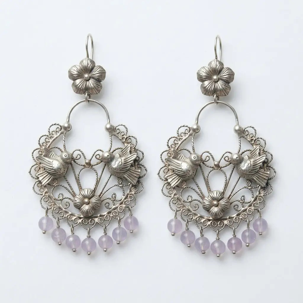 Mazahua Pure Silver Dove Earrings with Amethyst, Handmade