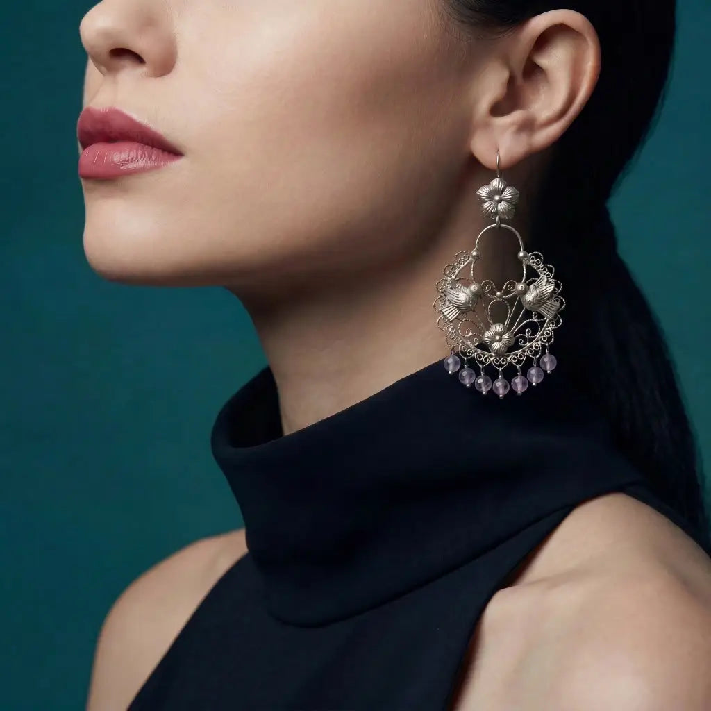 Mazahua Pure Silver Dove Earrings with Amethyst, Handmade