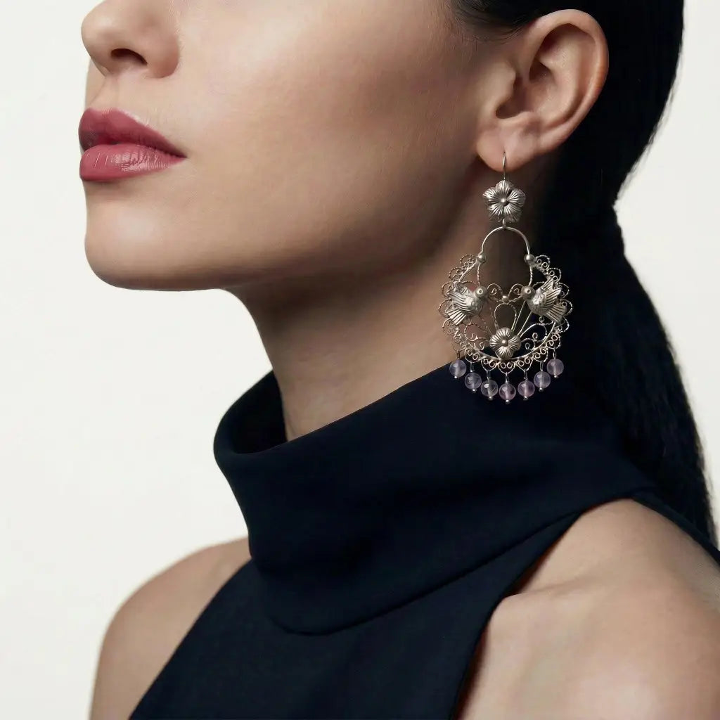 Mazahua Pure Silver Dove Earrings with Amethyst, Handmade