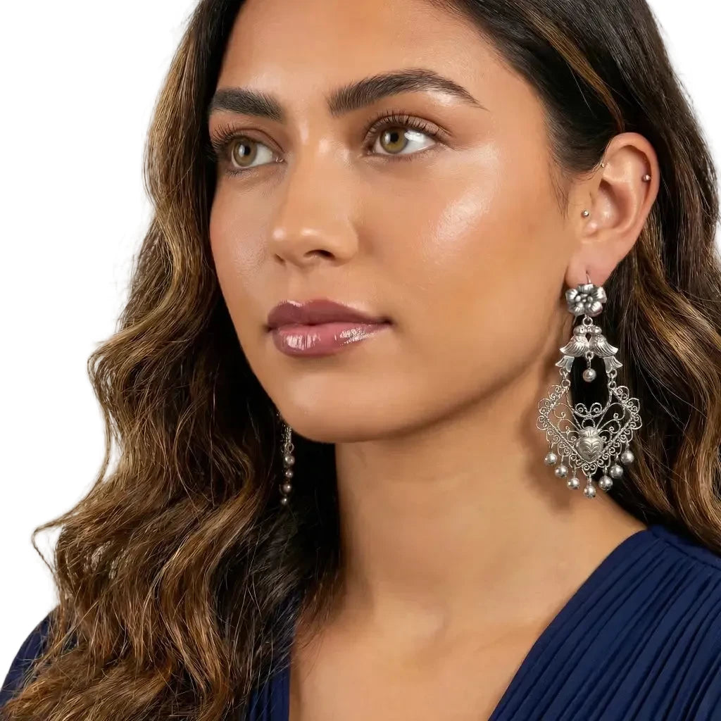 Mazahua Silver Dove Earrings with Balls, Handmade Pure