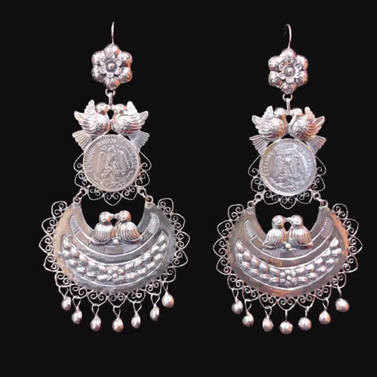 Mexican Mazahua silver dove earrings handmade coin