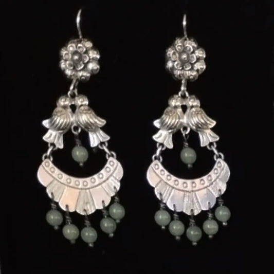 Mexican Mazahua silver dove earrings handmade with green