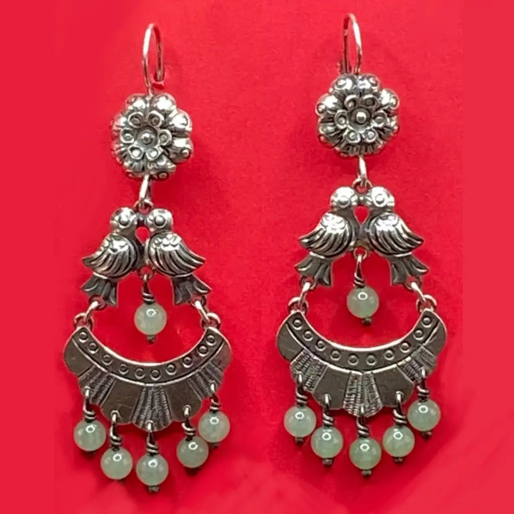 Mexican Mazahua silver dove earrings handmade with green