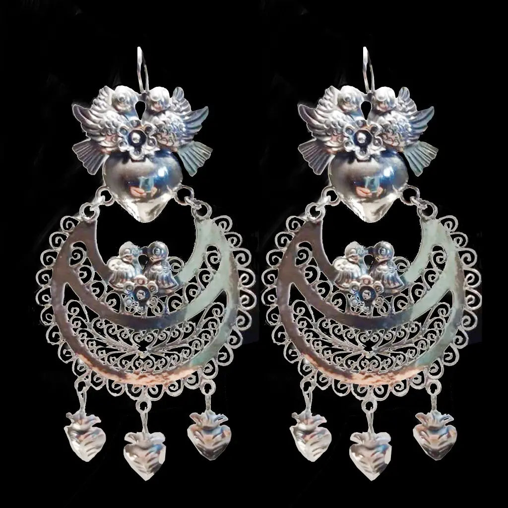 Mexican Mazahua silver dove earrings handmade heart