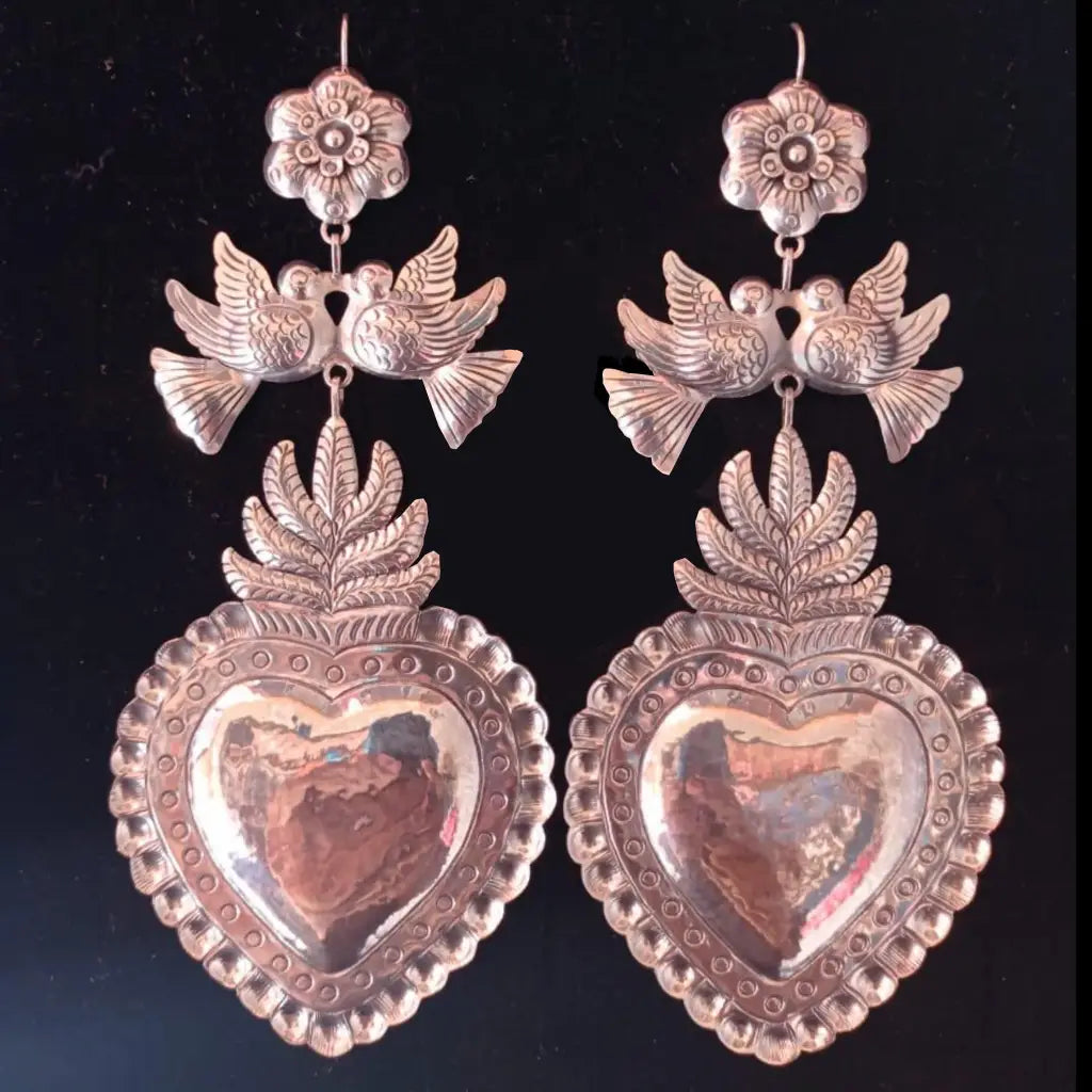 Mexican Mazahua silver dove earrings handmade heart