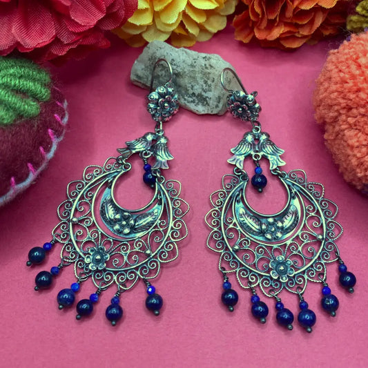 Mexican Mazahua silver dove earrings handmade with lapis