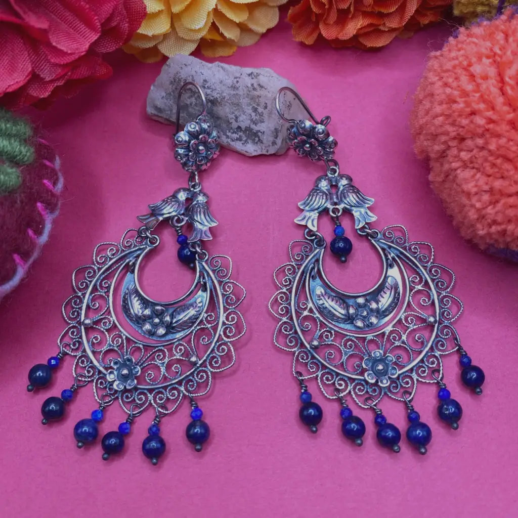 Mexican Mazahua silver dove earrings handmade with lapis